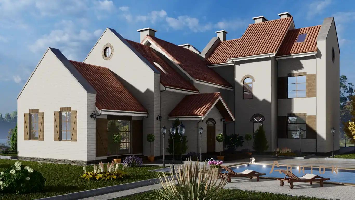 5. Проект одноэтажного дома в европейском стиле с многоскатной кровлей, h-1616, площадью - 484 кв c мансардой, балконом, бассейном